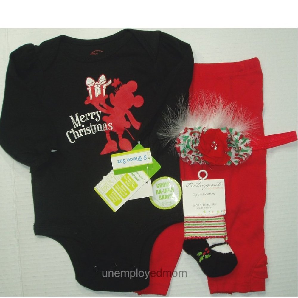 Girls Minnie Mouse Christmas Outfit Bodysuit Hair Bow Socks Pants Holiday